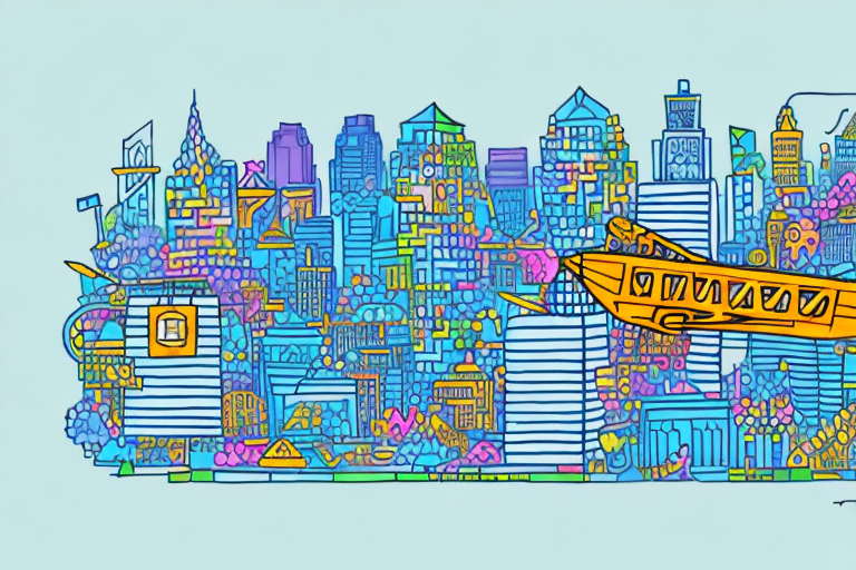 A vibrant lancaster cityscape with symbolic elements of amazon (like a box or a cart) and marketing (like a megaphone or a target) creatively incorporated into the scenery