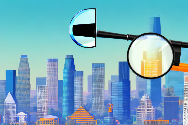 A vibrant city skyline of los angeles with a magnifying glass focusing on a symbolic building representing a marketing agency