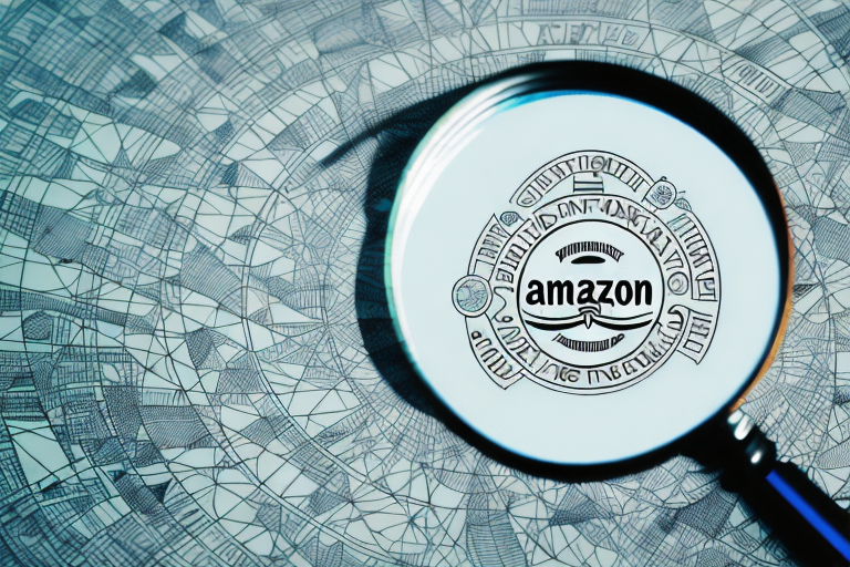 A magnifying glass hovering over a stylized map marked with various symbols representing amazon marketing agencies