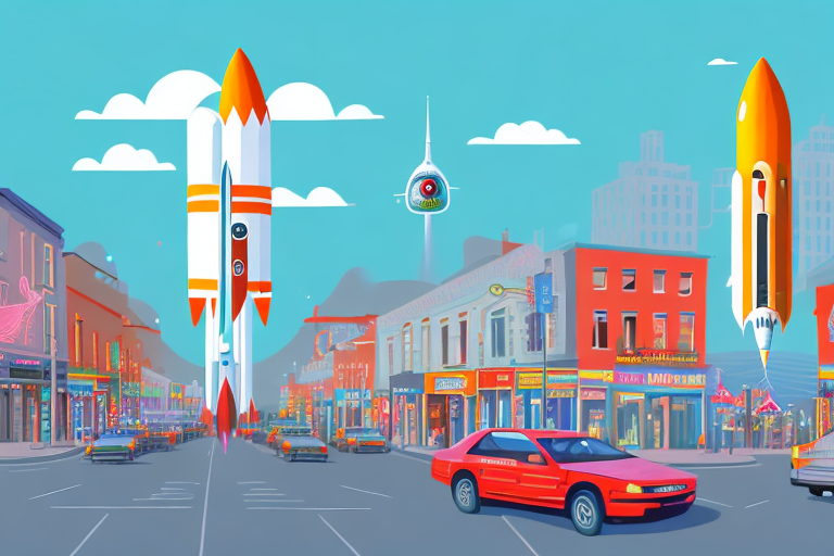 A vibrant cityscape of newry with symbolic elements like a rocket representing a sales boost and amazon-themed imagery like a box or a delivery drone