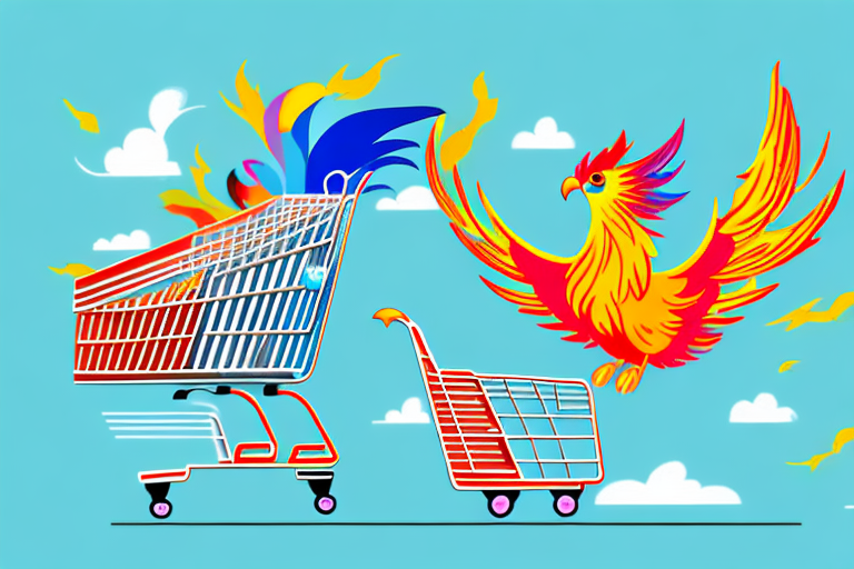 A vibrant phoenix bird carrying a shopping cart filled with various products