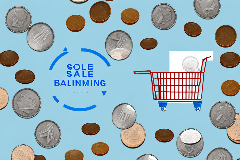 A symbolic scale balancing a shopping cart filled with diverse products and a pile of coins