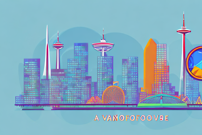 A vibrant cityscape of vancouver with symbolic elements of amazon and marketing strategies