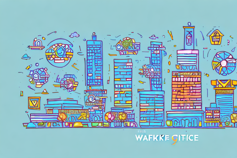 A vibrant cityscape of wakefield with symbolic elements of amazon (like a box or a shopping cart) and marketing tools (like a magnifying glass or a chart)