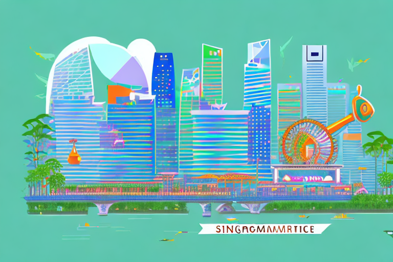 A vibrant cityscape of singapore with symbolic elements of digital marketing like a magnifying glass