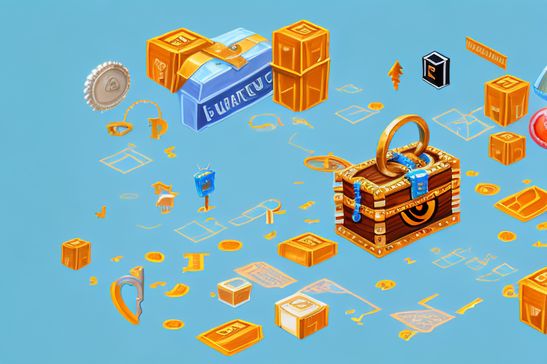 A key unlocking a treasure chest filled with amazon-themed symbols like a parcel