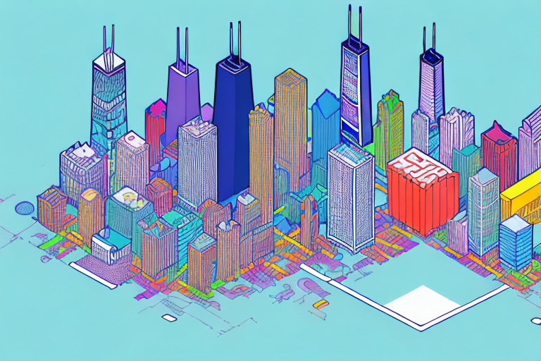 A vibrant cityscape of chicago with symbolic digital marketing icons like a click cursor