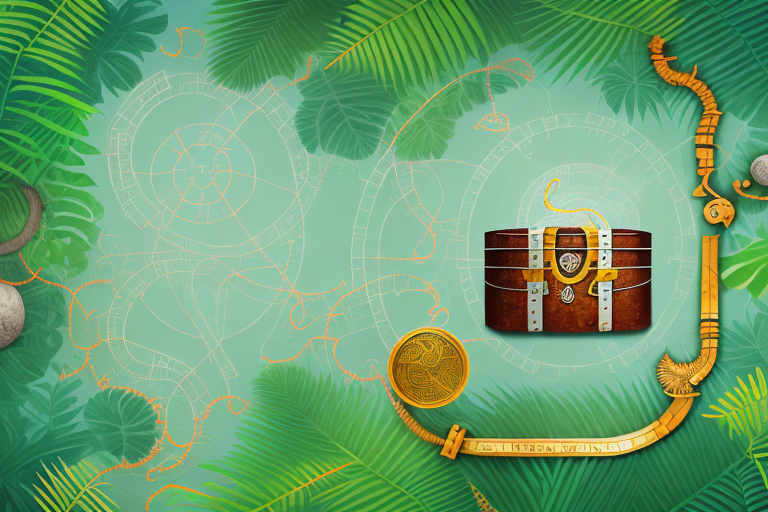 A symbolic representation of an amazon jungle with different paths leading to a treasure chest