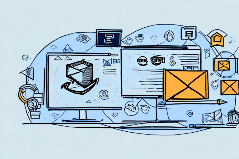 A symbolic representation of amazon's marketplace with various marketing tools and a pdf file