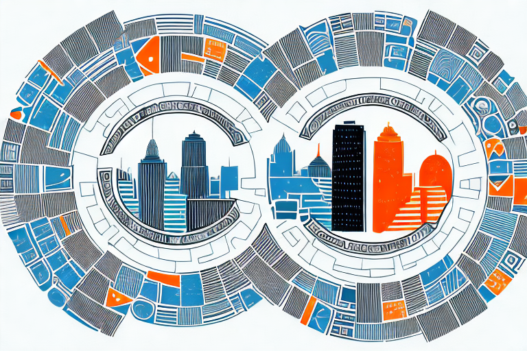 The boston skyline with symbolic icons of google and amazon (like a search bar and a delivery box) merging together in the middle