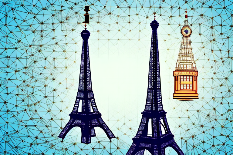 The eiffel tower and big ben connected by a digital bridge