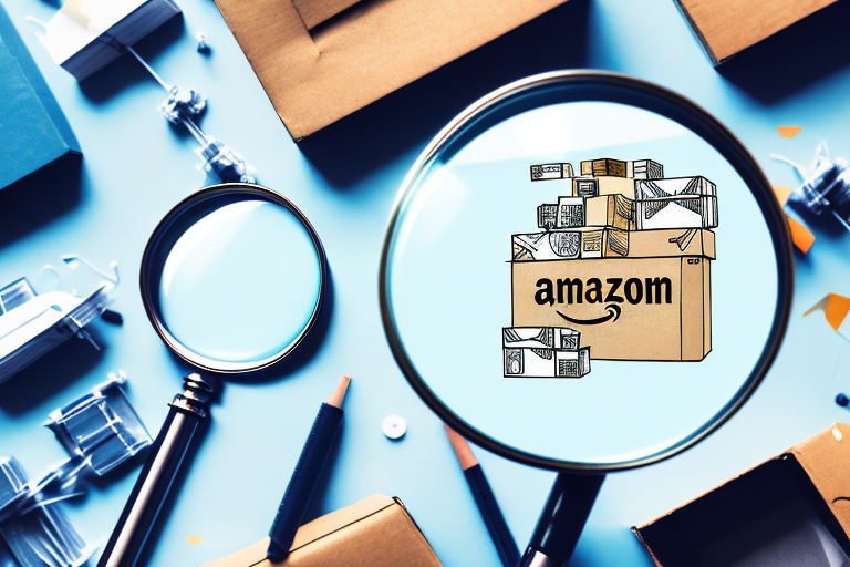 A magnifying glass hovering over a variety of amazon product boxes