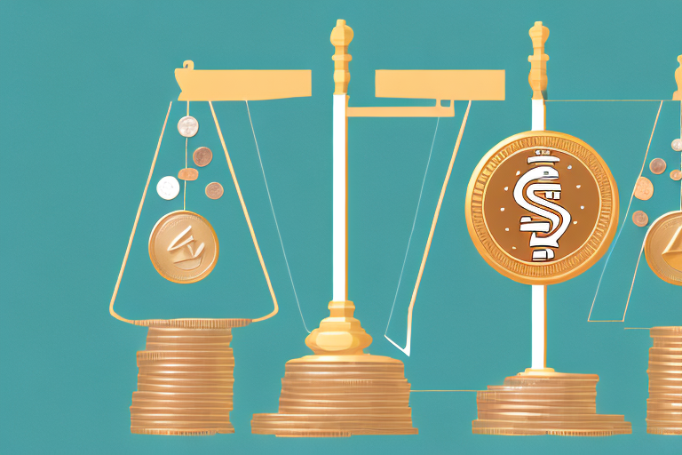 A scale balancing a package (representing sales) and coins (representing profits)