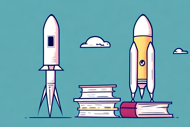 A stack of used books next to a rocket taking off