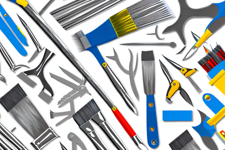 A variety of home improvement tools and items such as paintbrushes