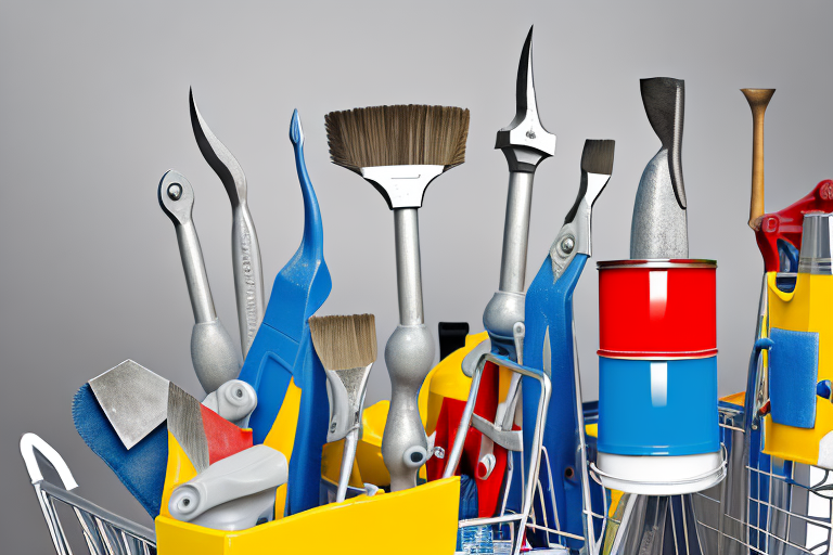 A variety of home improvement tools and items like a paint can