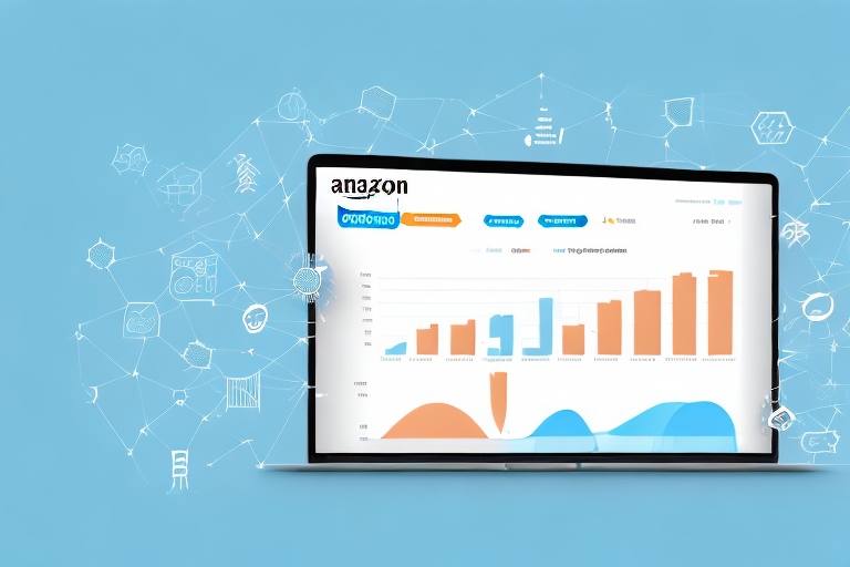 A digital interface connecting a sales chart with positive growth to an amazon box