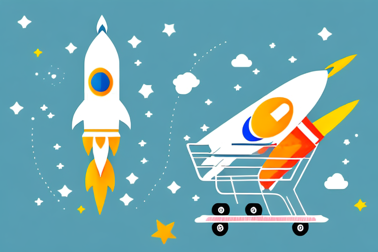 A rocket taking off from a shopping cart filled with various products