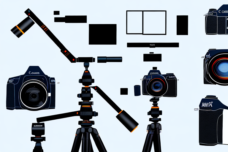 A camera on a tripod focusing on a well-lit product against a white background