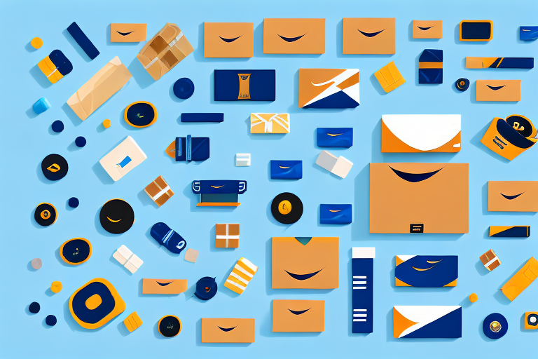 A conveyor belt with various types of products moving towards a stylized amazon box