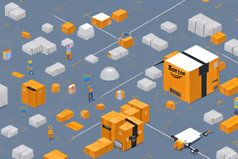 A warehouse filled with various types of goods and a drone carrying a package