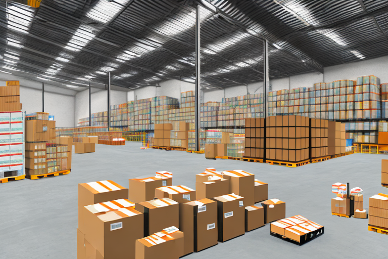 A warehouse filled with packages labeled as ebay orders