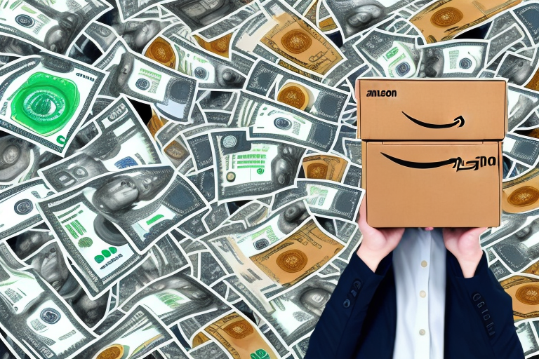 An amazon box filled with coins and banknotes