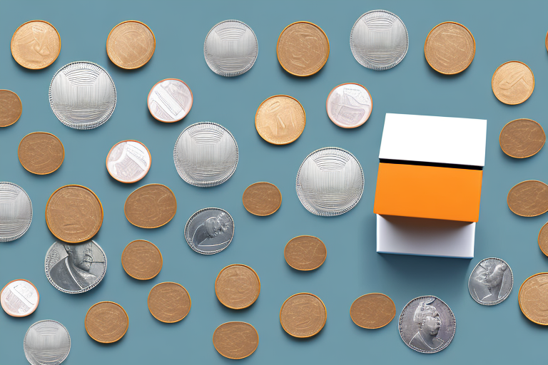 A pile of coins and banknotes next to a box with a barcode