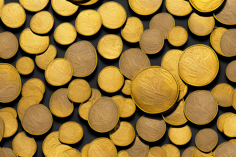 A pile of gold coins next to an amazon shipping box