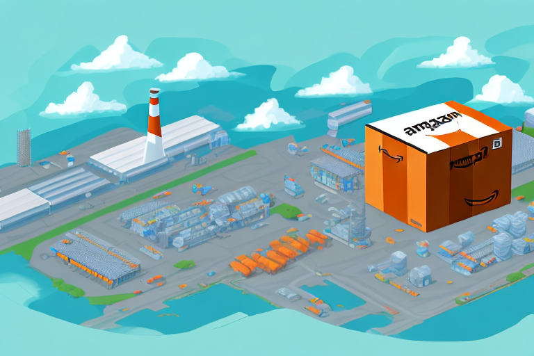 A canadian landscape with an amazon delivery box in the foreground and a factory in the background