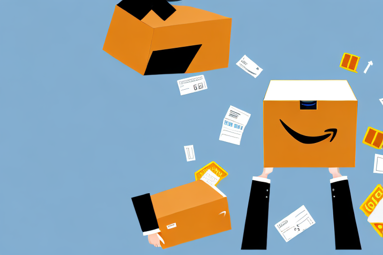 An amazon box being exchanged in a symbolic business transaction