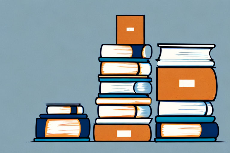 A stack of various books next to a stylized