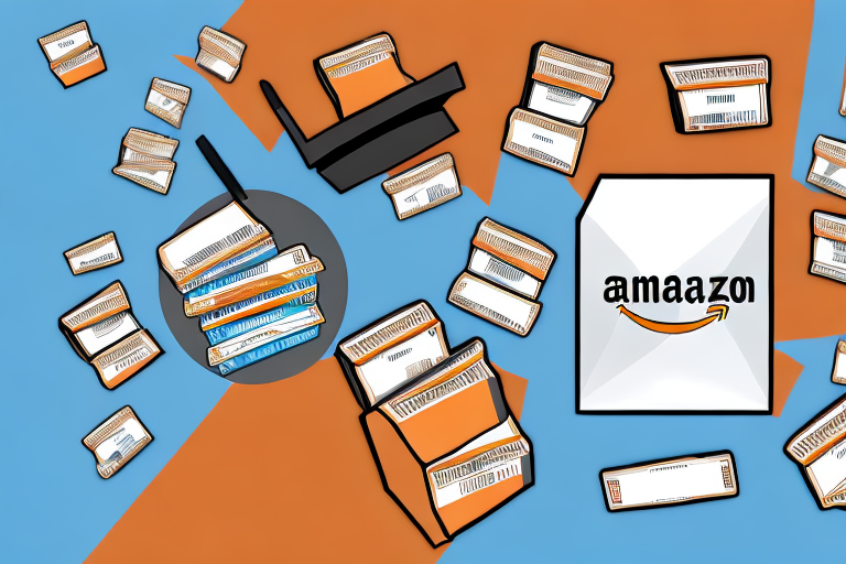 A stack of dvds next to a cardboard box with the amazon logo