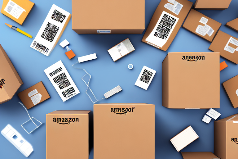 A variety of products being packed into an amazon-branded shipping box