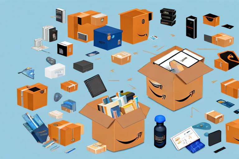 An amazon delivery box surrounded by a variety of products like books