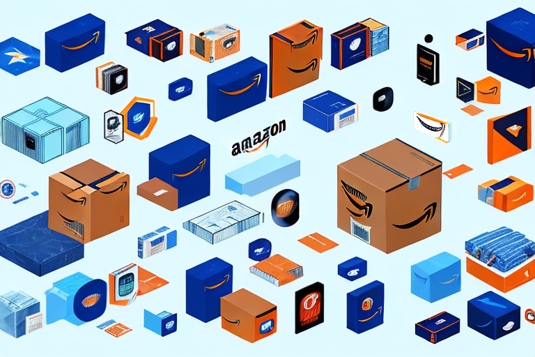 A variety of products being placed into an amazon-branded shipping box