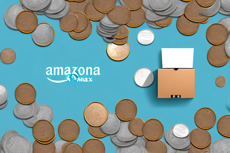 A scale balancing a box (representing goods for sale) and a pile of coins (representing fba fees)