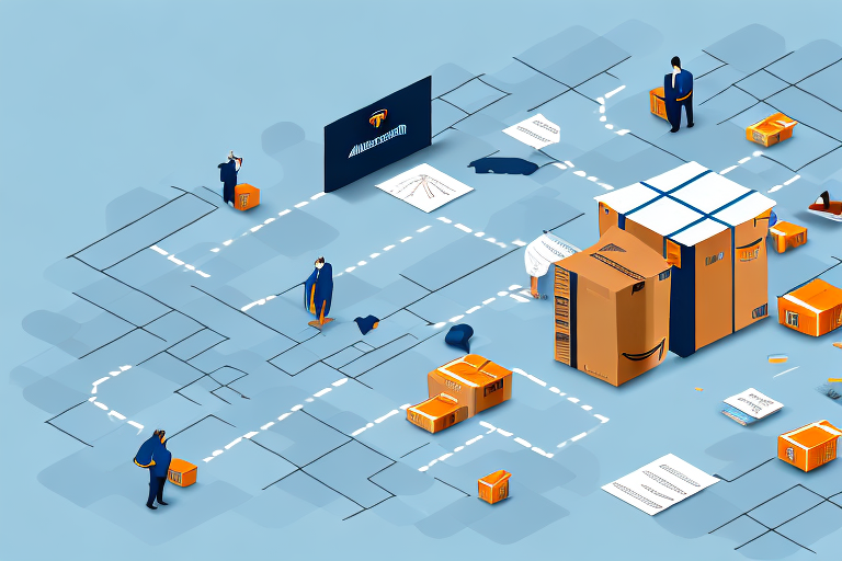 An amazon fulfillment center with various packages being processed and a simplified