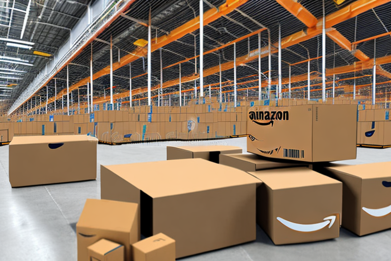 A bustling amazon warehouse with boxes being prepared for shipment