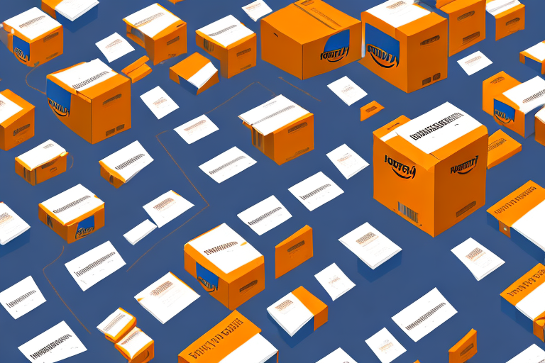 A simplified warehouse with amazon-branded boxes being prepared for shipment