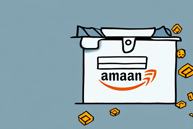 A simplified and stylized version of an amazon box with a price tag and a tax form