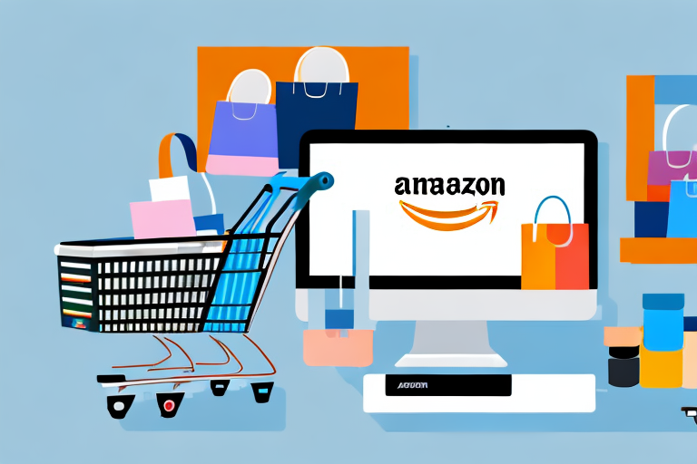 A shopping cart filled with various products next to a computer displaying the amazon fba interface