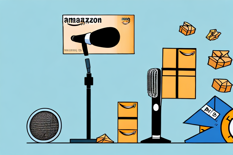 A microphone surrounded by amazon packages and a bar graph showing an upward trend