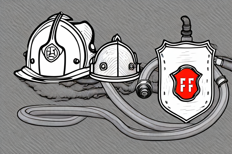 A firefighter's helmet and hose beside a stylized amazon box