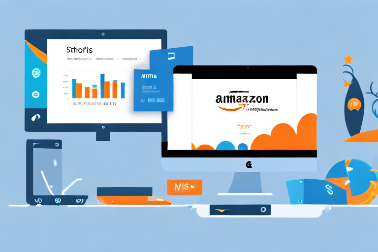 A computer displaying a shopify dashboard and an amazon fba package