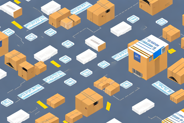 A warehouse with amazon prime packages on conveyor belts