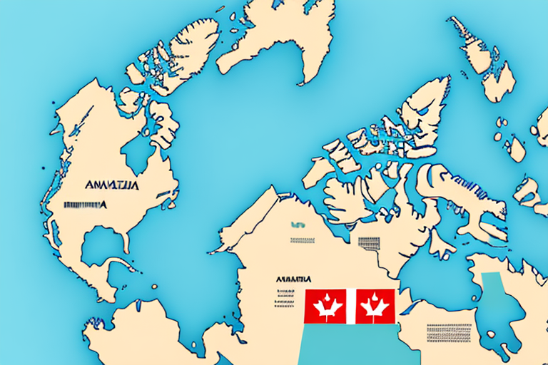 A map of canada with symbolic icons representing commerce