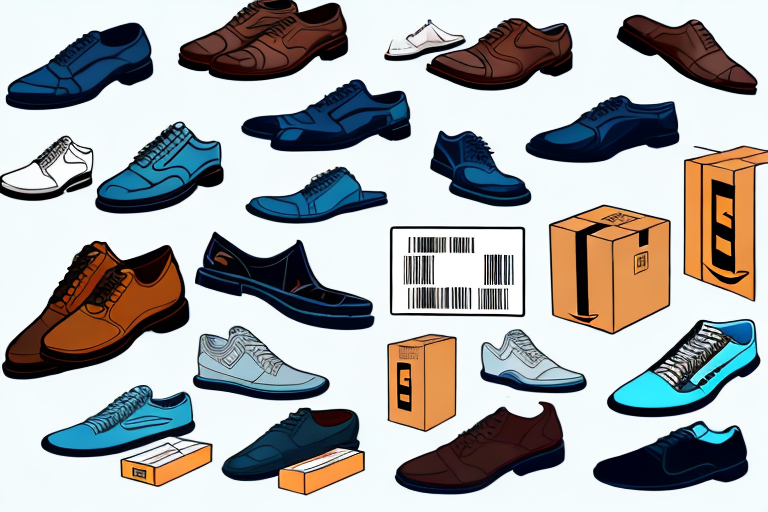 A variety of shoes arranged in a stylized amazon box