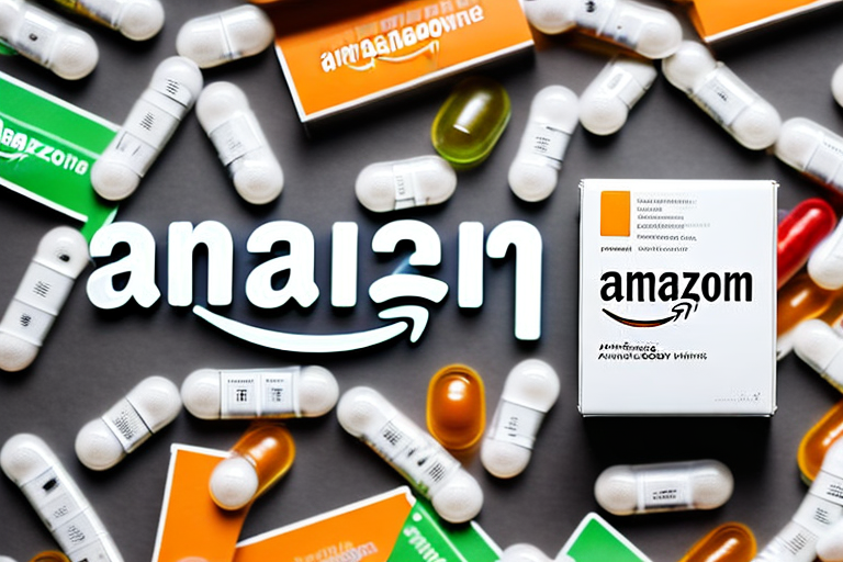 A variety of dietary supplements arranged on a conveyor belt leading into an amazon delivery box