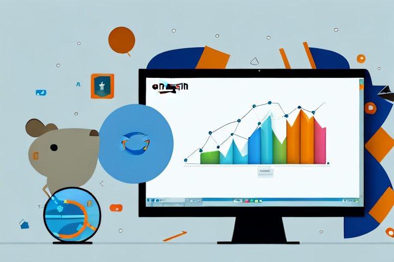 A desktop with a computer screen displaying a bar graph showing growth